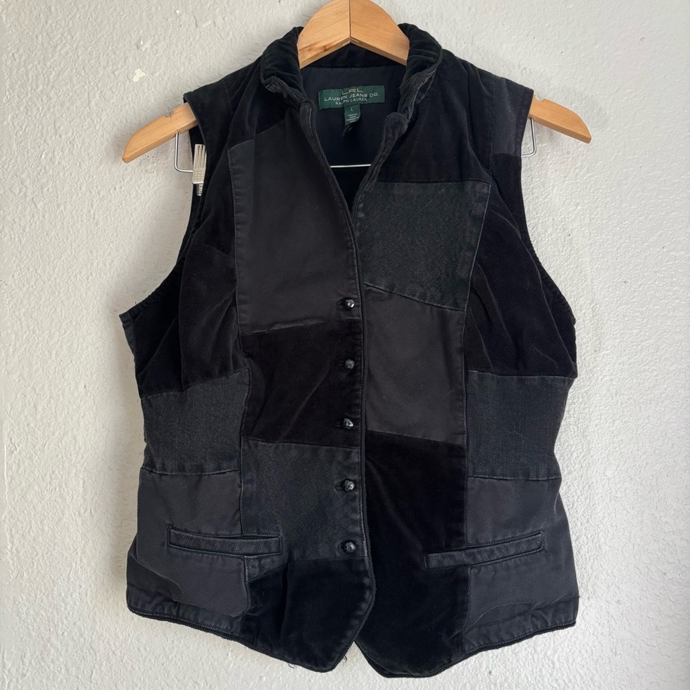 Vintage Ralph Lauren Black Denim Patchwork Velvet Velour Fitted Vest Size Large - Picture 2 of 6